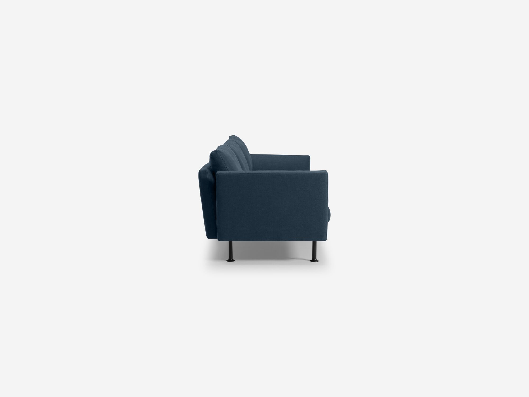 Side view of modern blue sofa with high arms